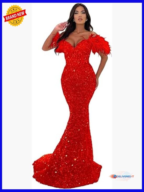 Dresses & Skirts - Off Shoulder Sweetheart Mermaid Prom Dress Long Sparkly Sequin Feather Formal